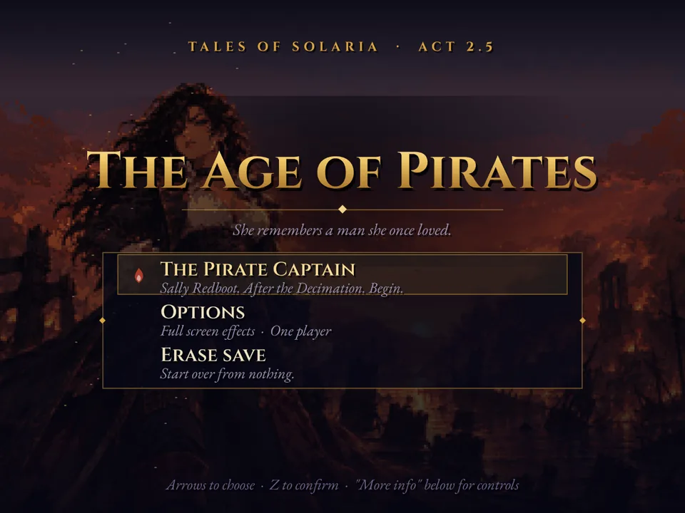 The Pirate Captain title screen: Sally Redboot against the burning ruins of Pirate Bay