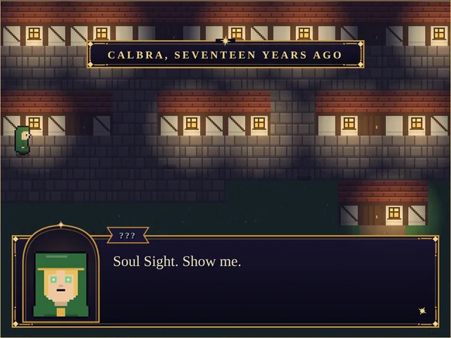 Gameplay in the streets of Calbra, seventeen years ago, with a dialogue box
