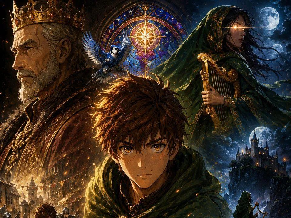 Evin's Tale cover art: Evin in a green hood, the King of Calbra, and the Seer with her golden harp