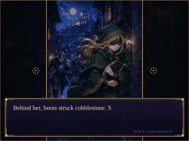 Prologue scene: the Seer with her harp on a moonlit street
