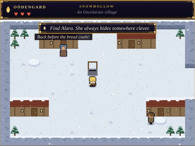 Gameplay in snowy Snowhollow with the quest: find Alara, she always hides somewhere clever