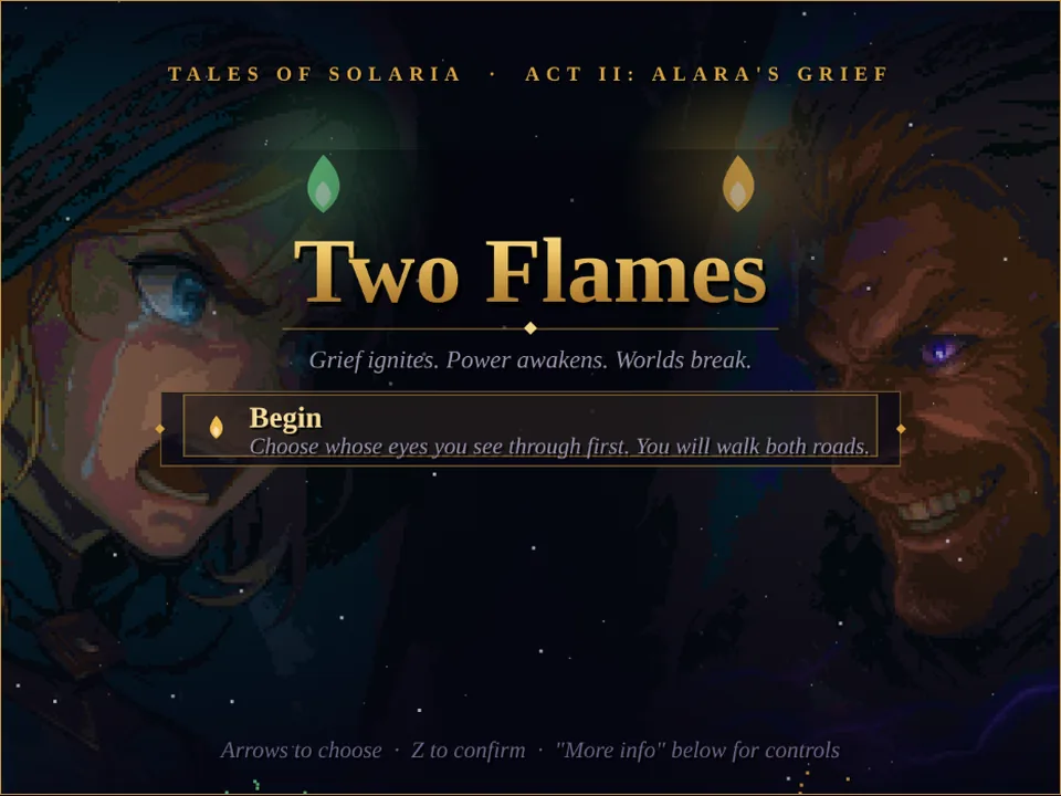 Two Flames title screen: Alara and Oōdengard face each other across the title
