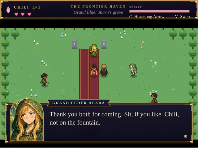 Grand Elder Alara greets Chili and Shadow Cloak in the Frontier haven
