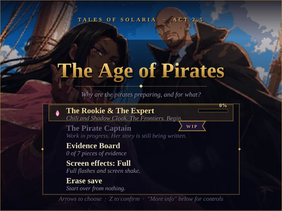 The Age of Pirates title screen with Chili and Shadow Cloak on a ship's deck and the mode menu